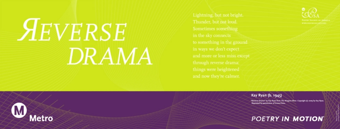 A lime green and purple poster features a poem titled Reverse Drama, by Kay Ryan.