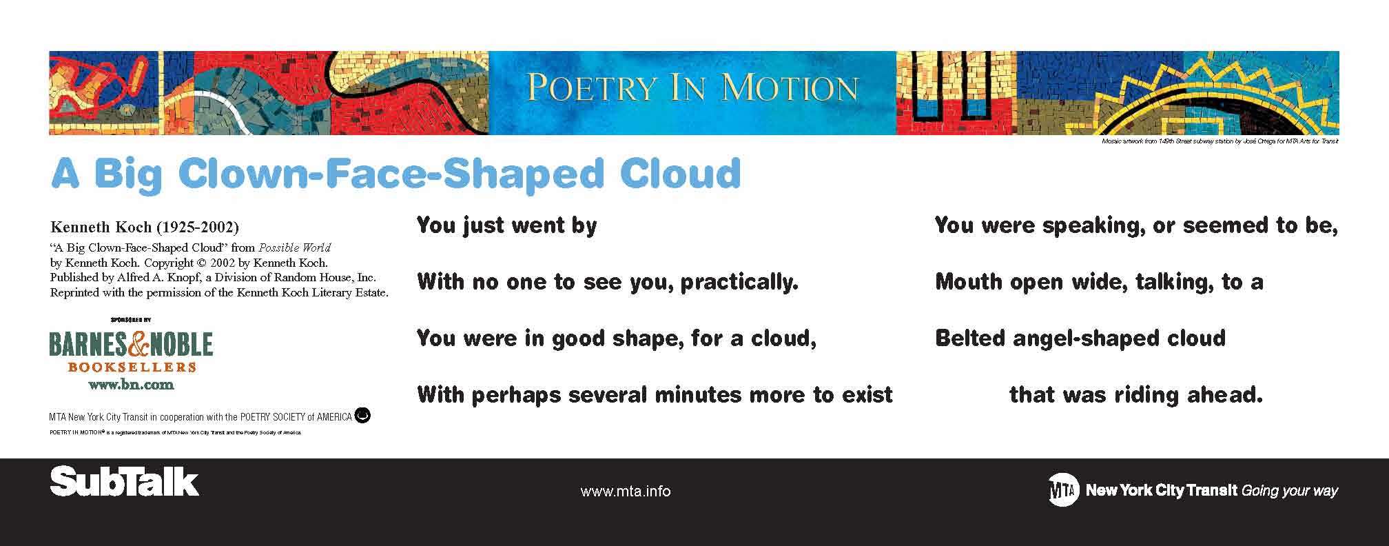 A white horizontal poster with a colorful mosaic at the top features a poem titled A Big Clown-Face-Shaped Cloud, by Kenneth Koch.