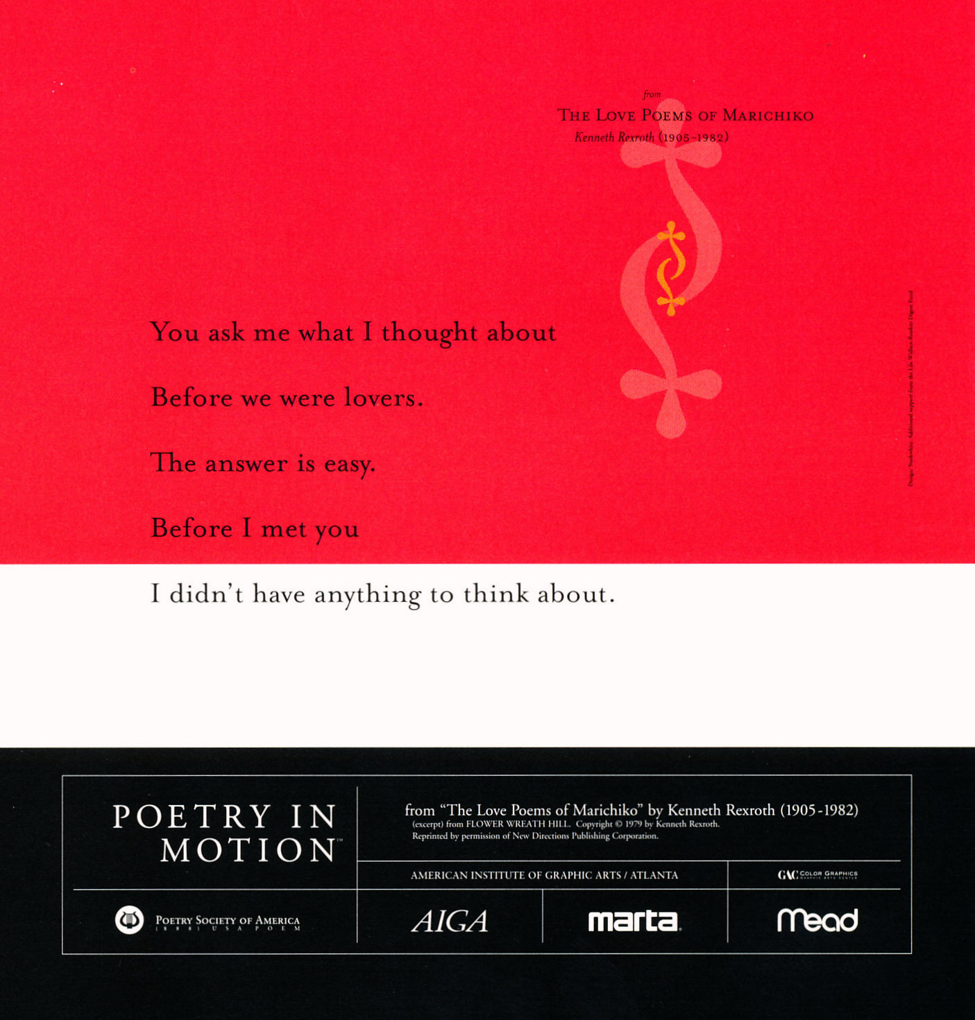 A vertical red poster features the poem The Love Poems of Marichiko by Kenneth Rexroth in black text.