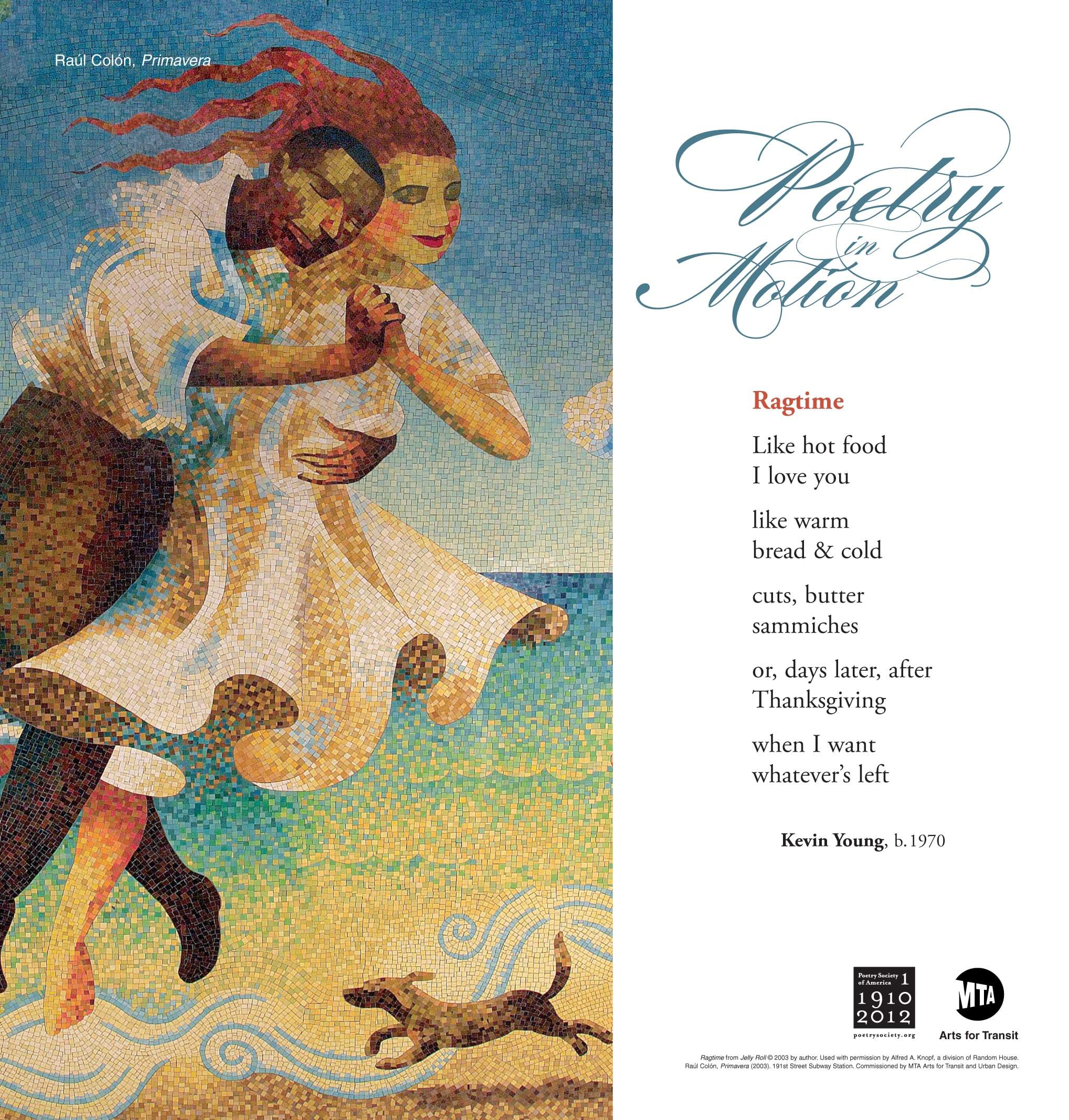 A poster featuring art by Raúl Colón depicts a colorful glass mosaic of a dancing couple. To the right of the artwork is a poem titled Ragtime by Kevin Young.