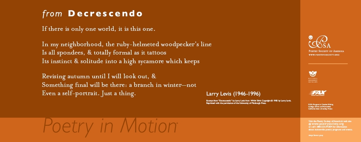A two-toned orange poster features an excerpt from the poem, Decrescendo by Larry Levis, written in white text.