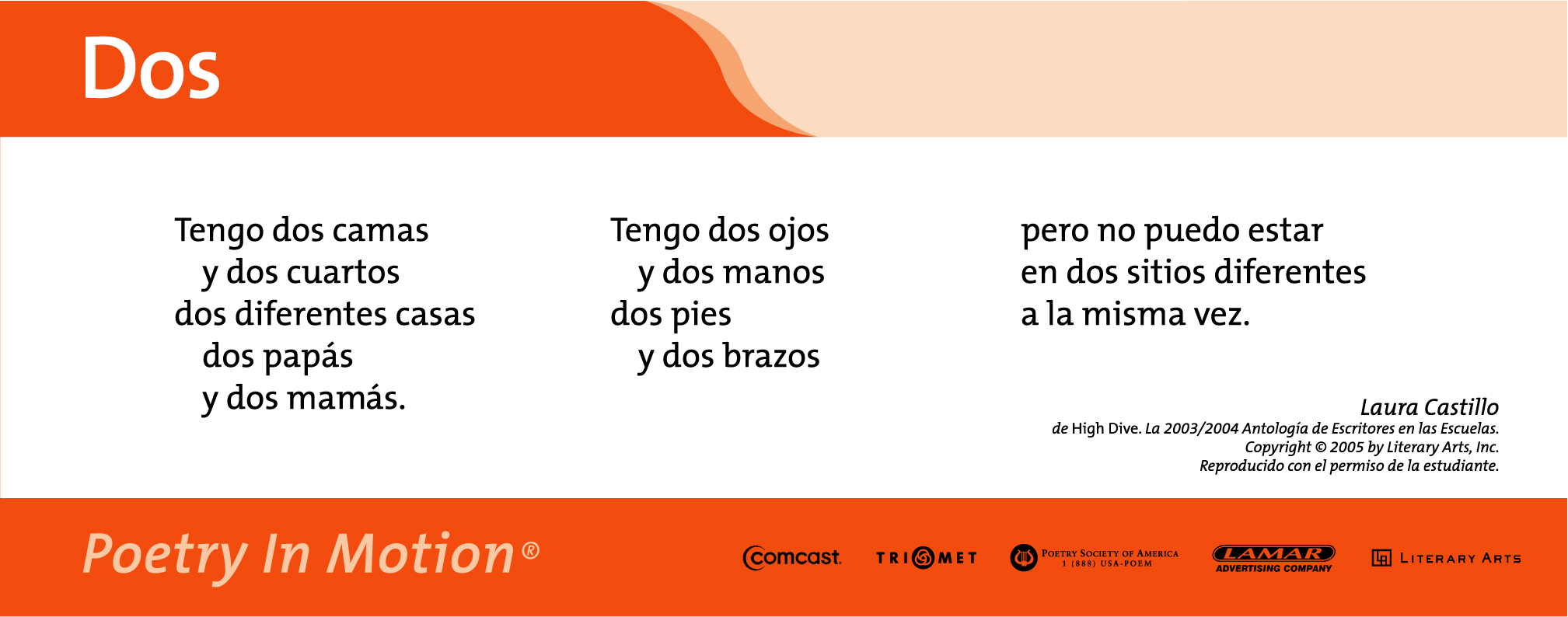 A white poster features the poem Dos by Laura Castillo. The poster is bordered by orange on the top and bottom.