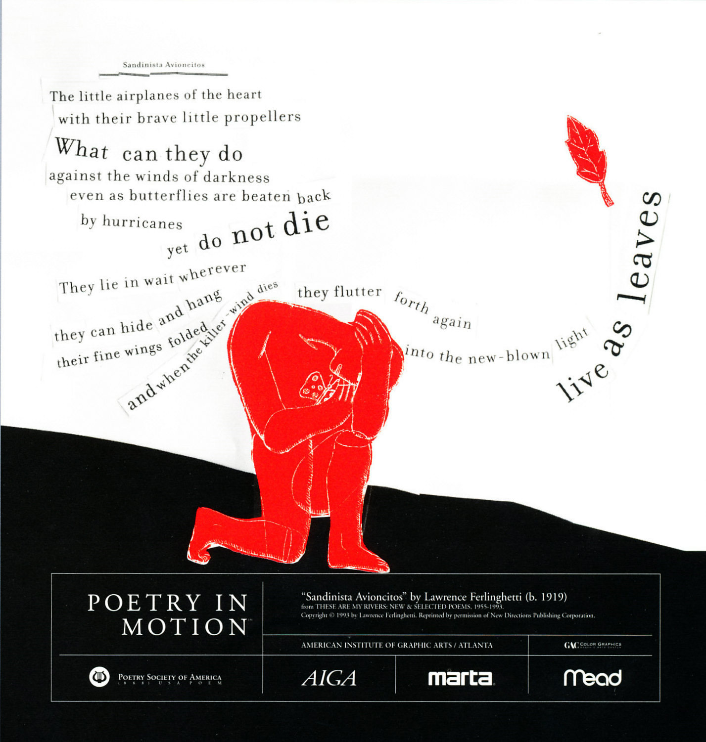 A white poster features the poem Sandinista Advioncitos by Lawrence Ferlinghetti. A red graphic depicts a kneeling person clutching a butterfly. A red leaf floats in the right corner.