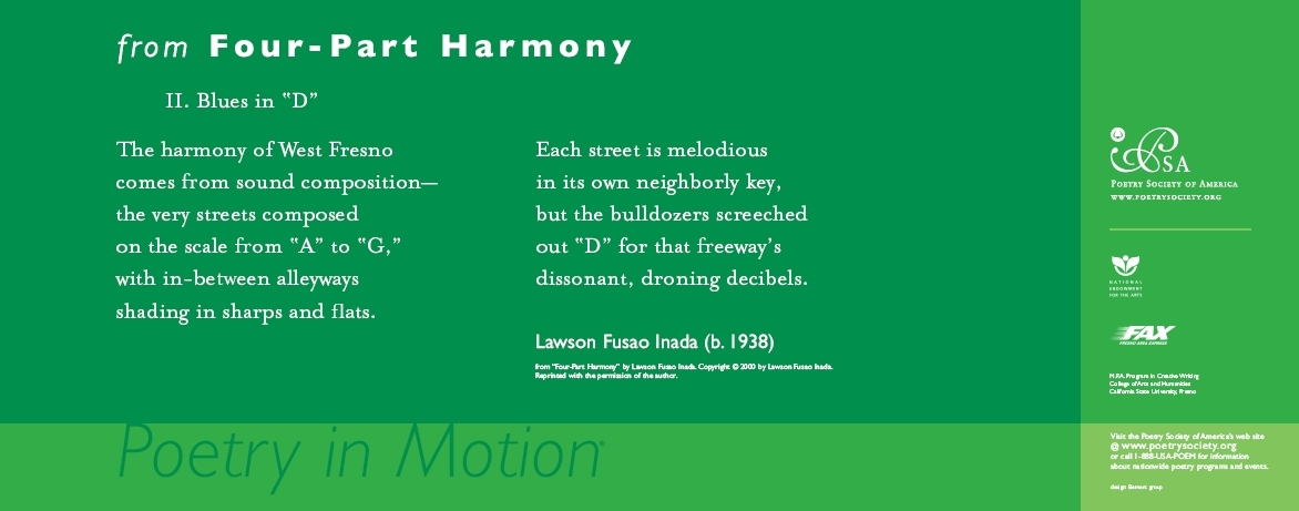 A two-toned green poster features an excerpt from the poem, Four-Part Harmony by Lawson Fusao Inada, written in white text.