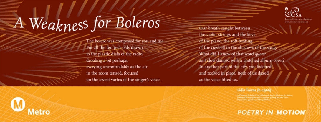 A red and orange poster features a poem titled A Weakness for Boleros, by Linda Torres.