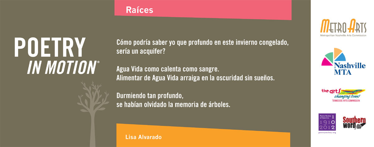 A brown vertical poster features the poem Raíces by Lisa Alvarado written in white text. To the left of the poem is a silhouette of a tree.