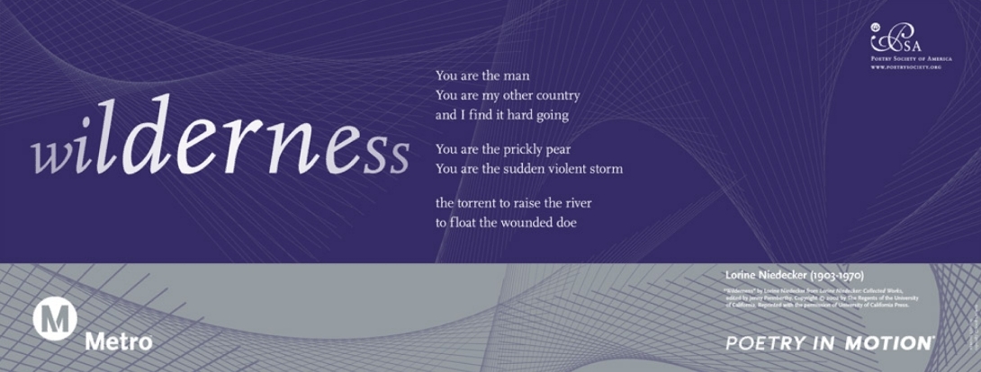 A purple and grey poster features a poem titled Wilderness, by Lorine Niedecker.