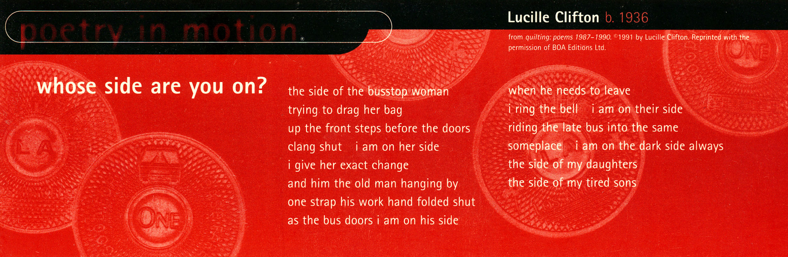 A vertical red poster decorated with Los Angeles transit tokens features a poem titled whose side are you on, by Lucille Clifton