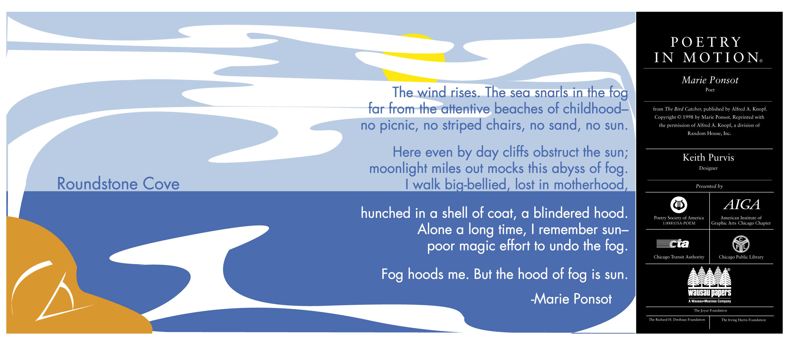 A poster in shades of blue features the poem Roundstone Cove by Marie Ponsot. Above the poem, a sun peaks from behind clouds.
