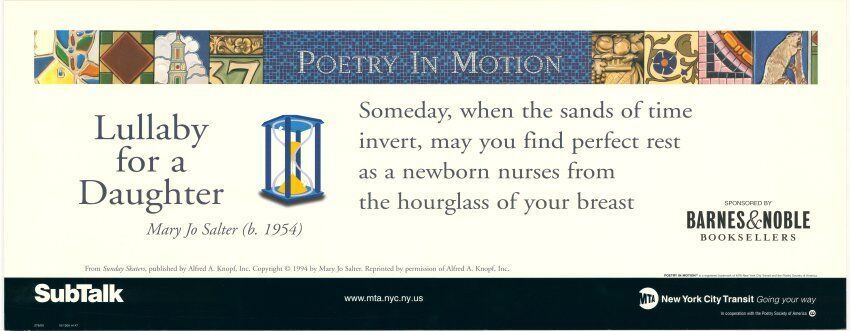 A horizontal poster with a colorful mosaic at the top features a poem titled, Lullaby for a Daughter, by Mary Jo Salter. To the left of the poem is an hourglass through which sand falls.