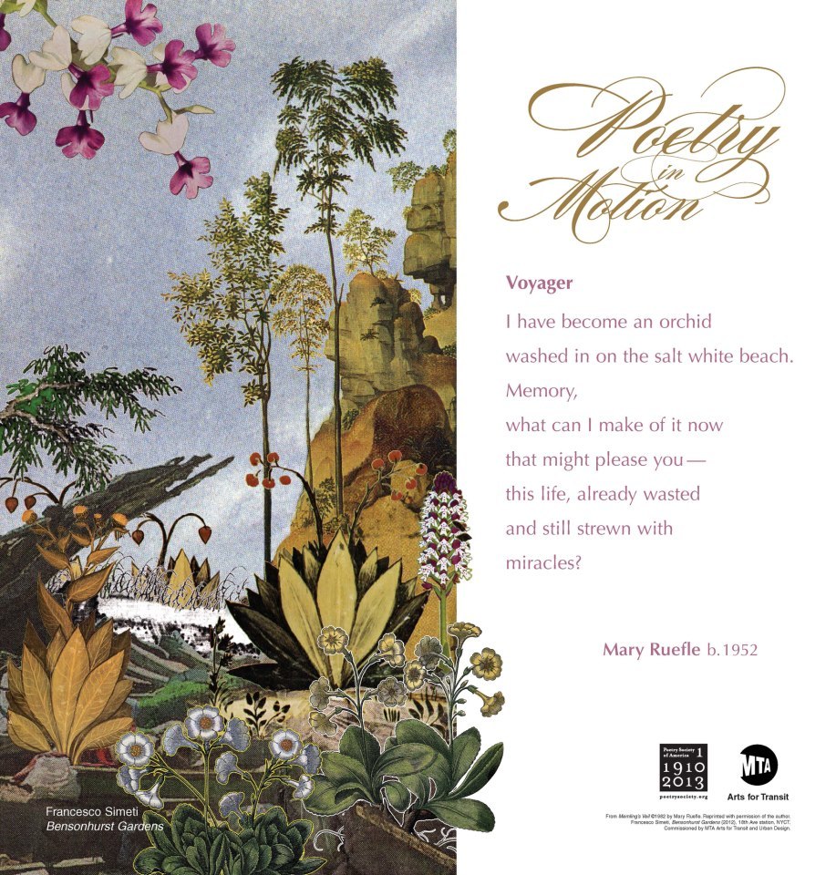 A poster featuring art by Francesco Simeti depicts an imagined nature scene of colorful flora. Beside the artwork is a poem titled Voyager, written by Mary Ruefle.
