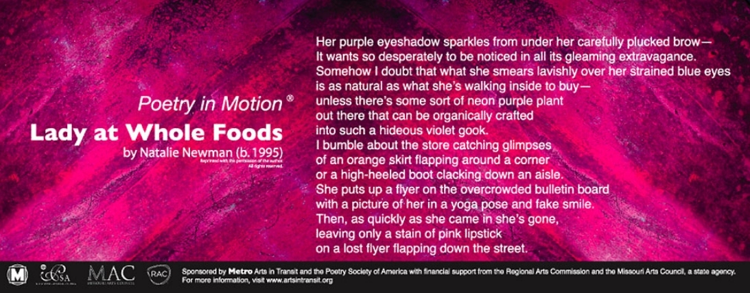 A pink poster features the poem, Lady at Whole Foods by Natalie Newman.