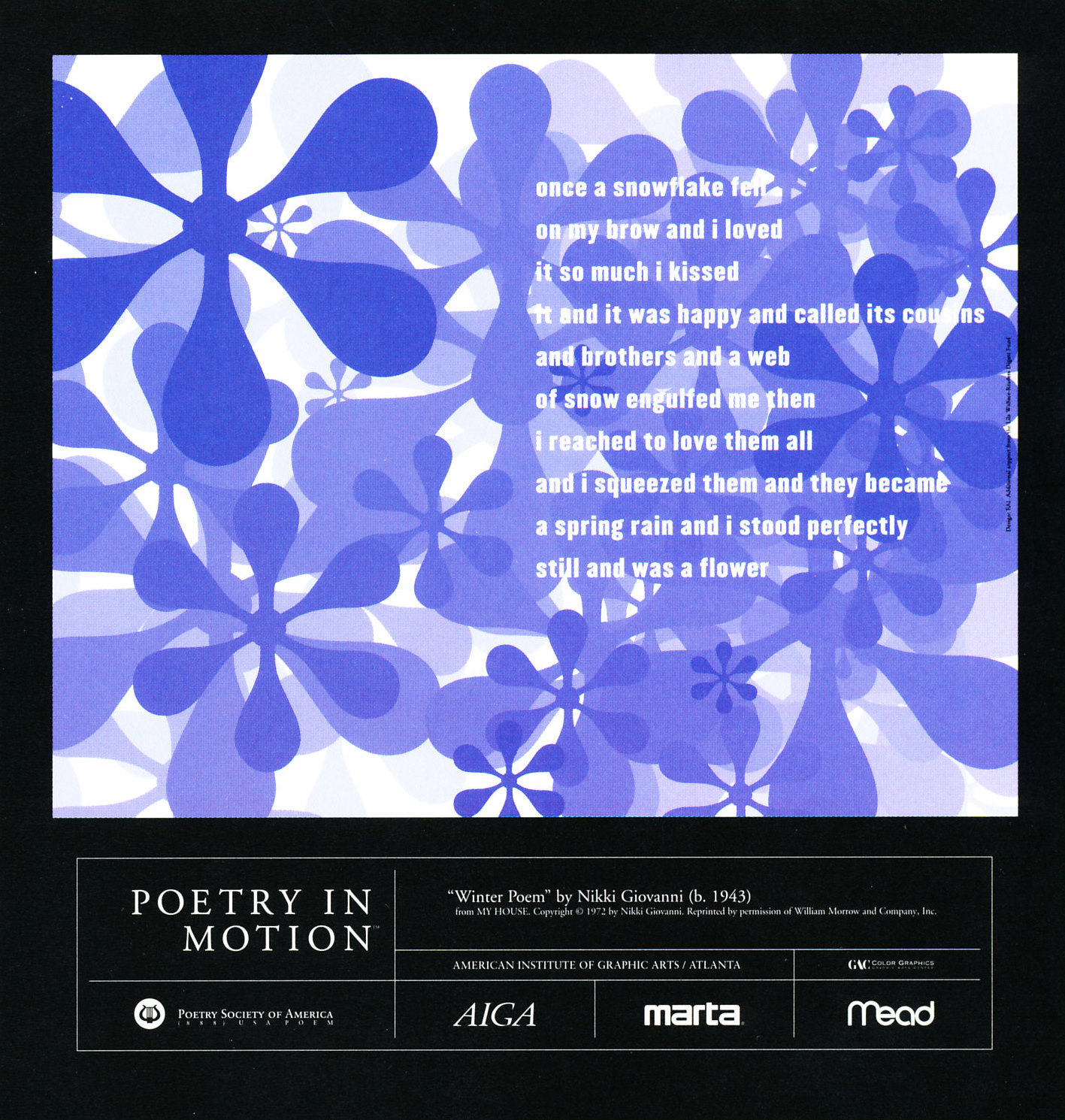 A white poster with purple snowflakes resembling flowers features a poem titled Winter Poem by Nikki Giovanni.