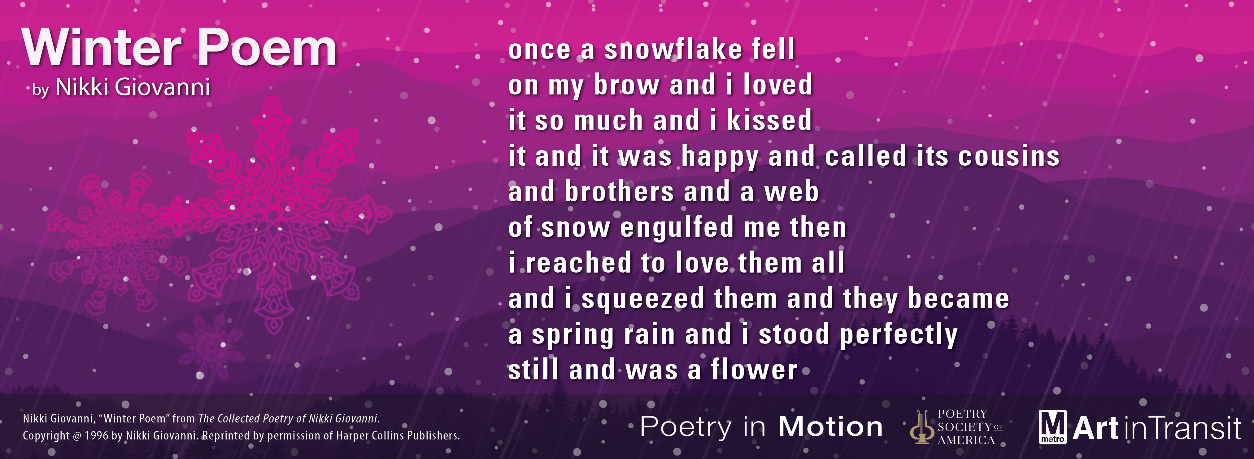 A vertical poster in shades of magenta features the poem Winter Poem, by Nikki Giovanni. Mountains slope in the background and white snowflakes fall.