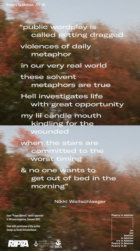 A poster depicts blurred photos of autumn trees. An excerpt from the poem Prayer Sonnet by Nikki Wallschlaeger is written in white text.