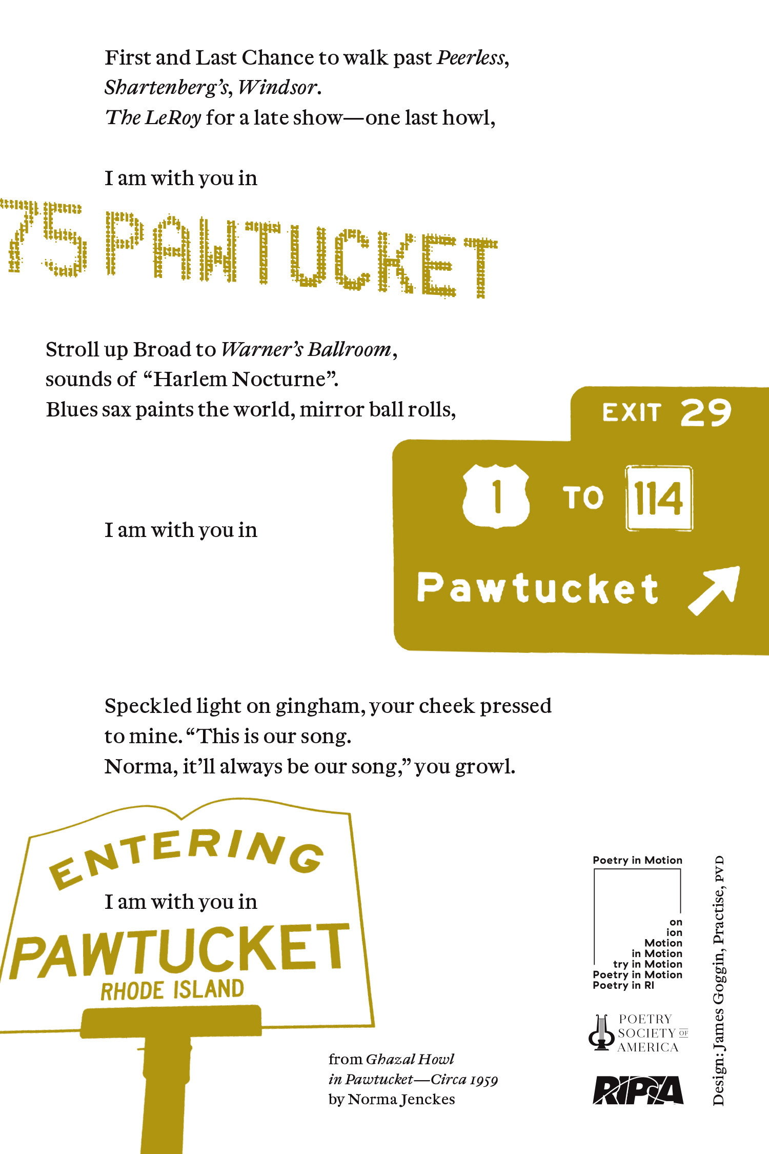 A white poster depcting gold Pawtucket road signs features an excerpt from the poem, Ghazal Howl in Pawtucket—Circa 1959 by Normal Jenckes.
