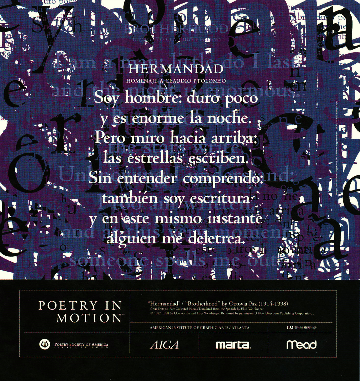 A square poster depicting a jumble of blue, purple, and black letters features a poem titled Hermandad by Octavio Paz.