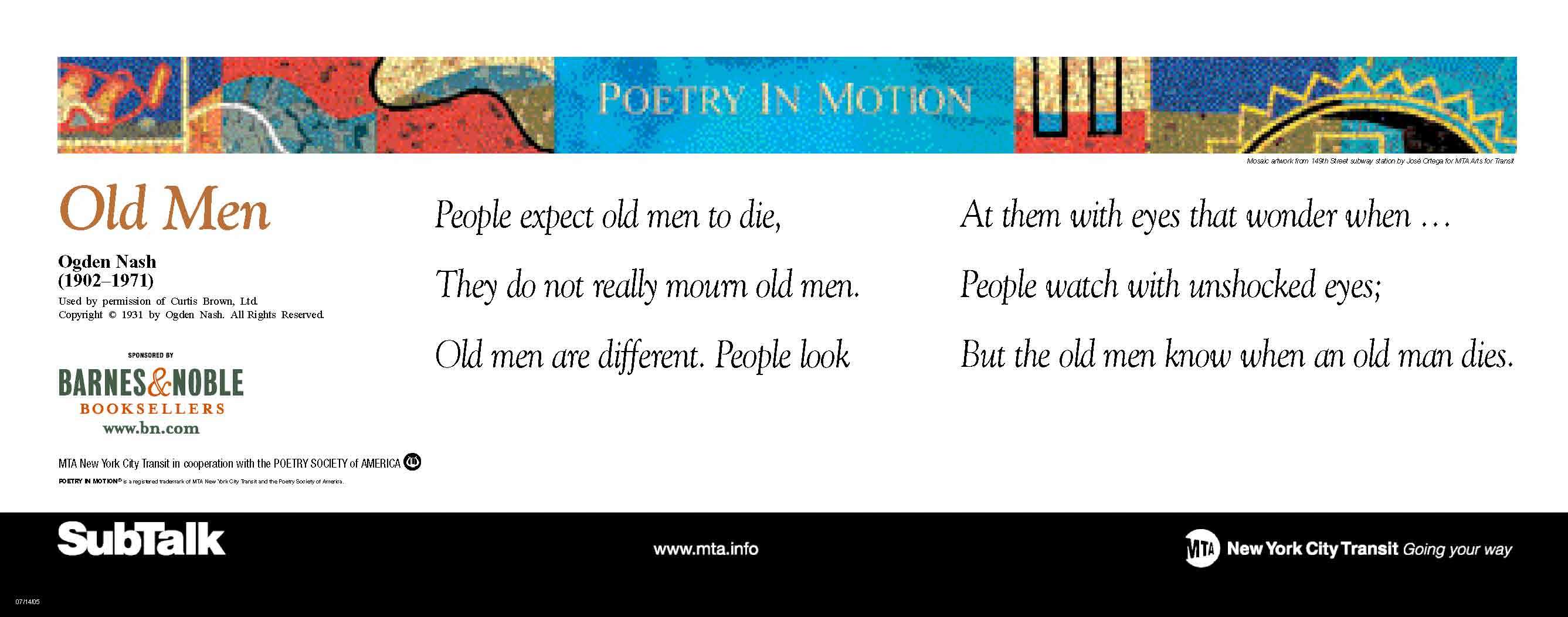 A horizontal poster with a colorful mosaic at the top features a poem titled Old Men, by Ogden Nash.