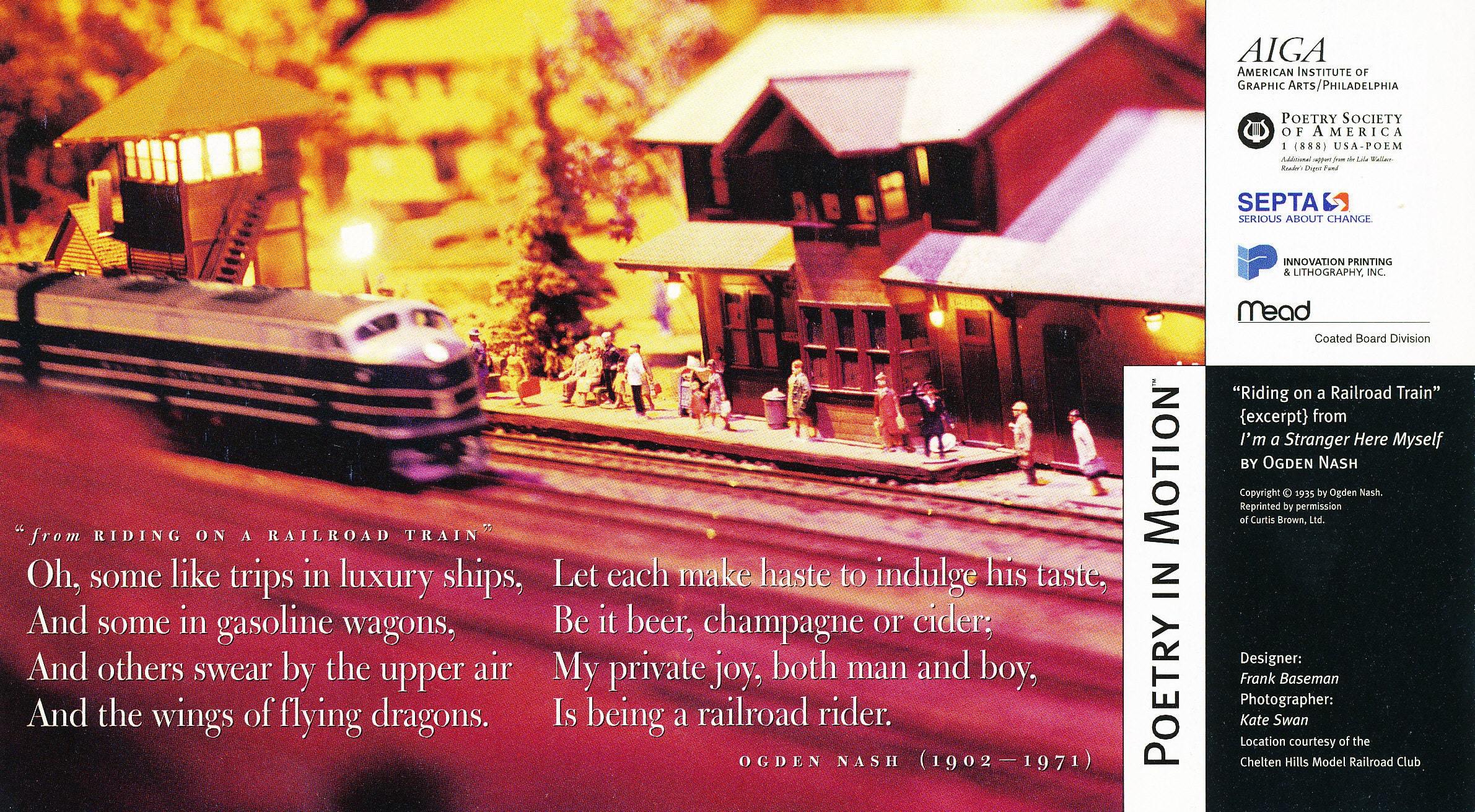 A poster features a model train pulling into a station where people wait to board. An excerpt from the poem Riding on a Railroad Train by Ogden Nash is written in white text.