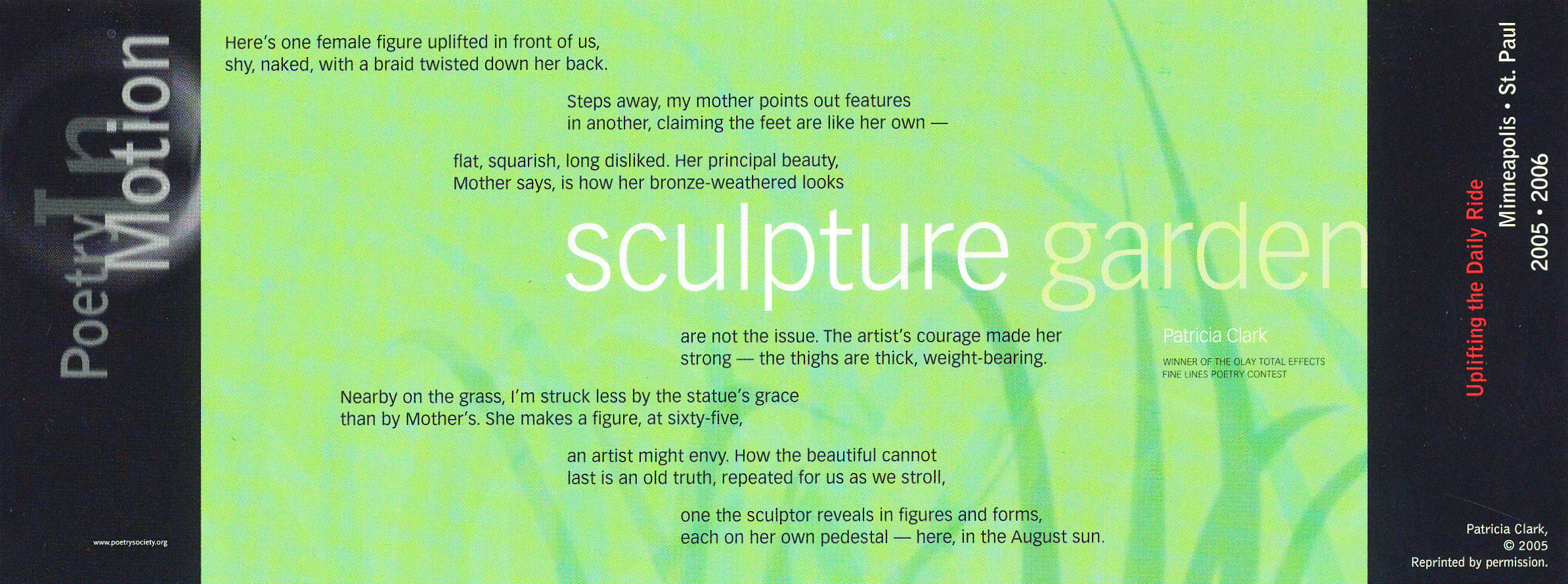 A bright green poster with faded stalks of grass features the poem, Sculpture Garden by Patricia Clark.