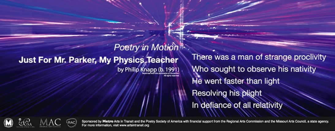 A purple poster depicts light rays in shades of blue, pink, and white. The poem, Just for Mr. Parker, My physics Teacher is written in white text.