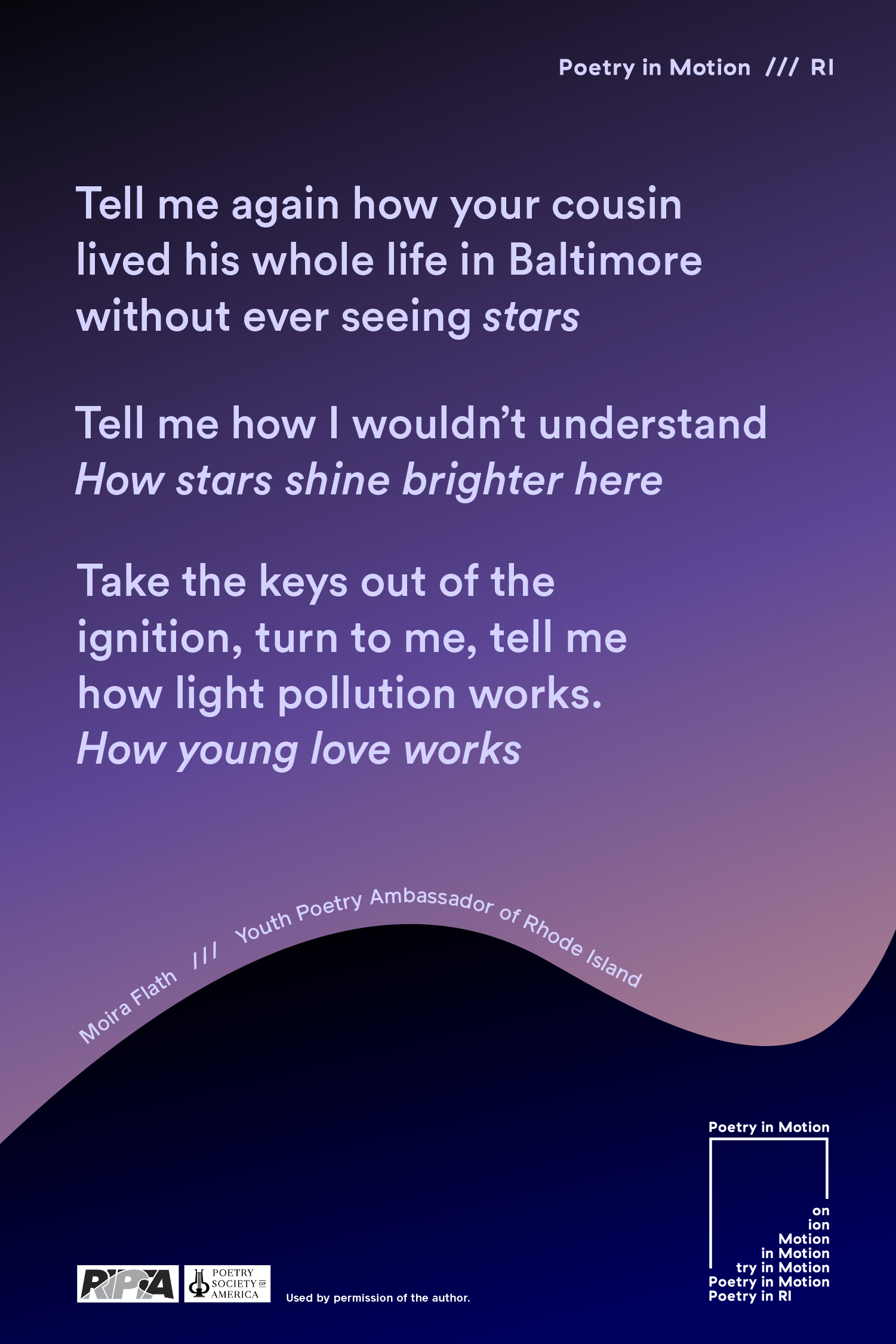 A poster in shades of purple features the poem, Untitled by Moira Flath.