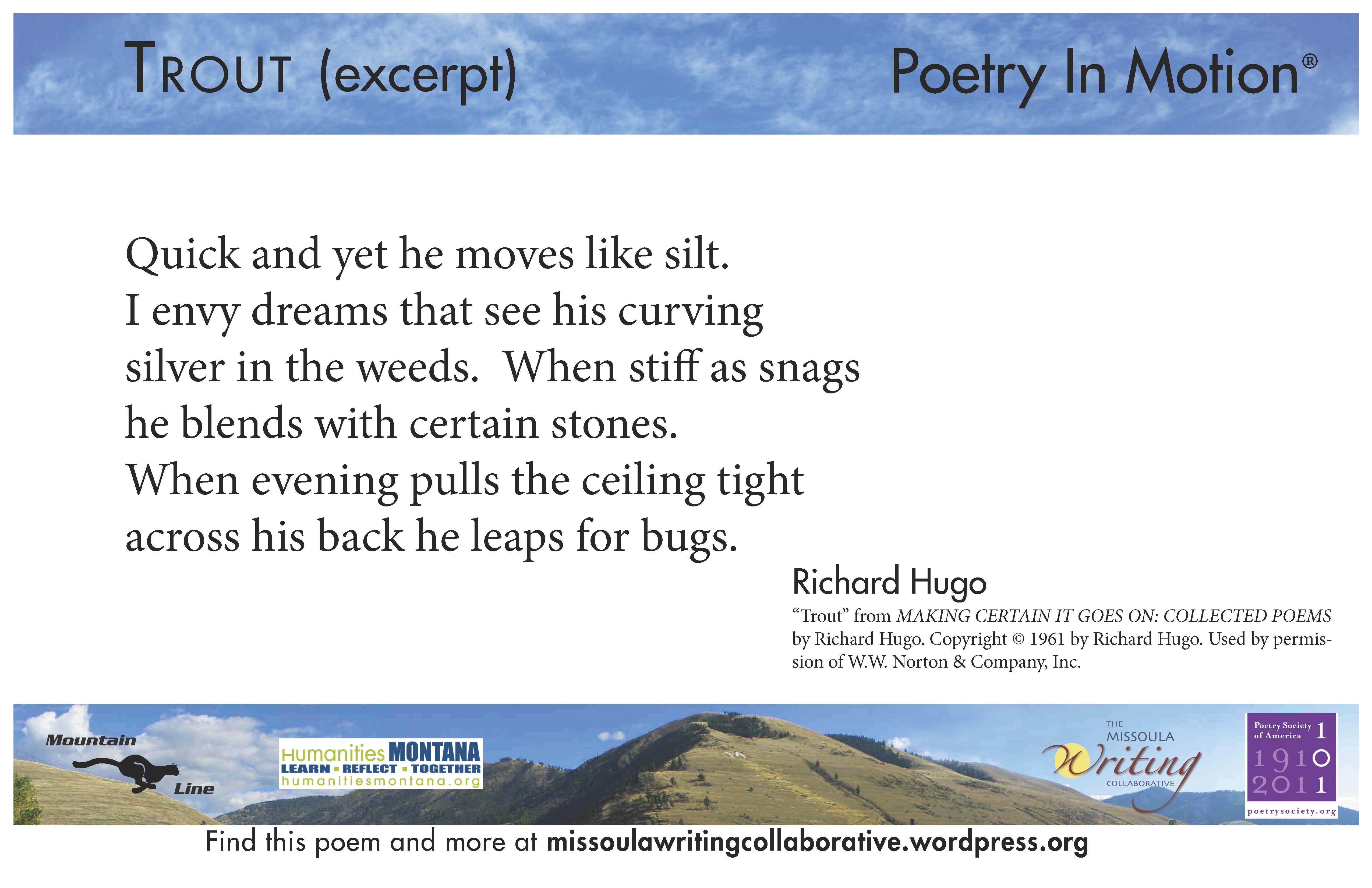 A white poster features the poem Trout by Richard Hugo. The poster is bordered by blue sky and green hills.