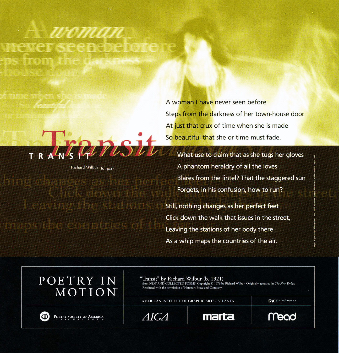 A gold and black poster features the poem Transit by Richard Wilbur. A silhouette of a moving person is in the background.