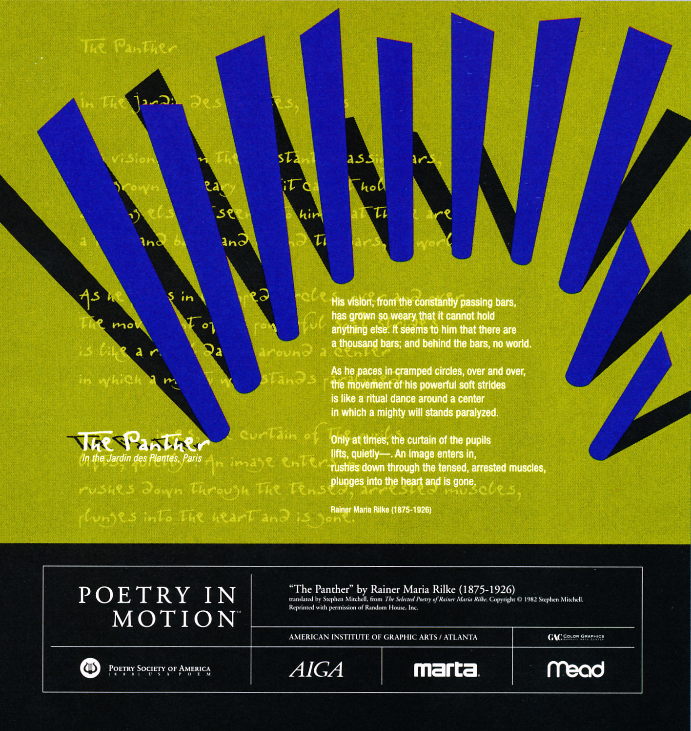 A lime green poster with blue and black bars features the poem The Panther by Rainer Maria Rilke written in white text.