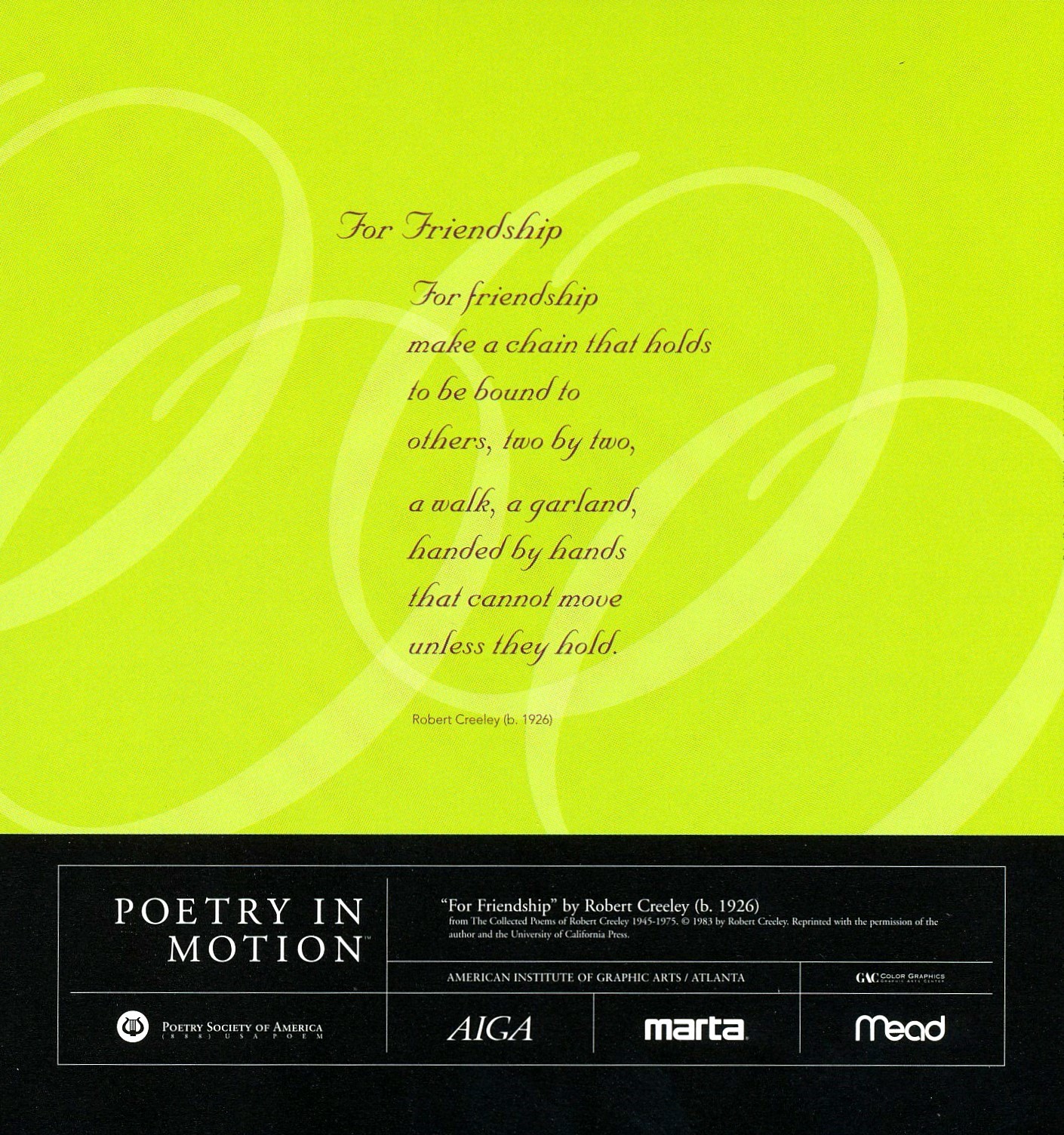 A lime green poster with interlinking circles features the poem, For Friendship by Robert Creeley written in brown text.