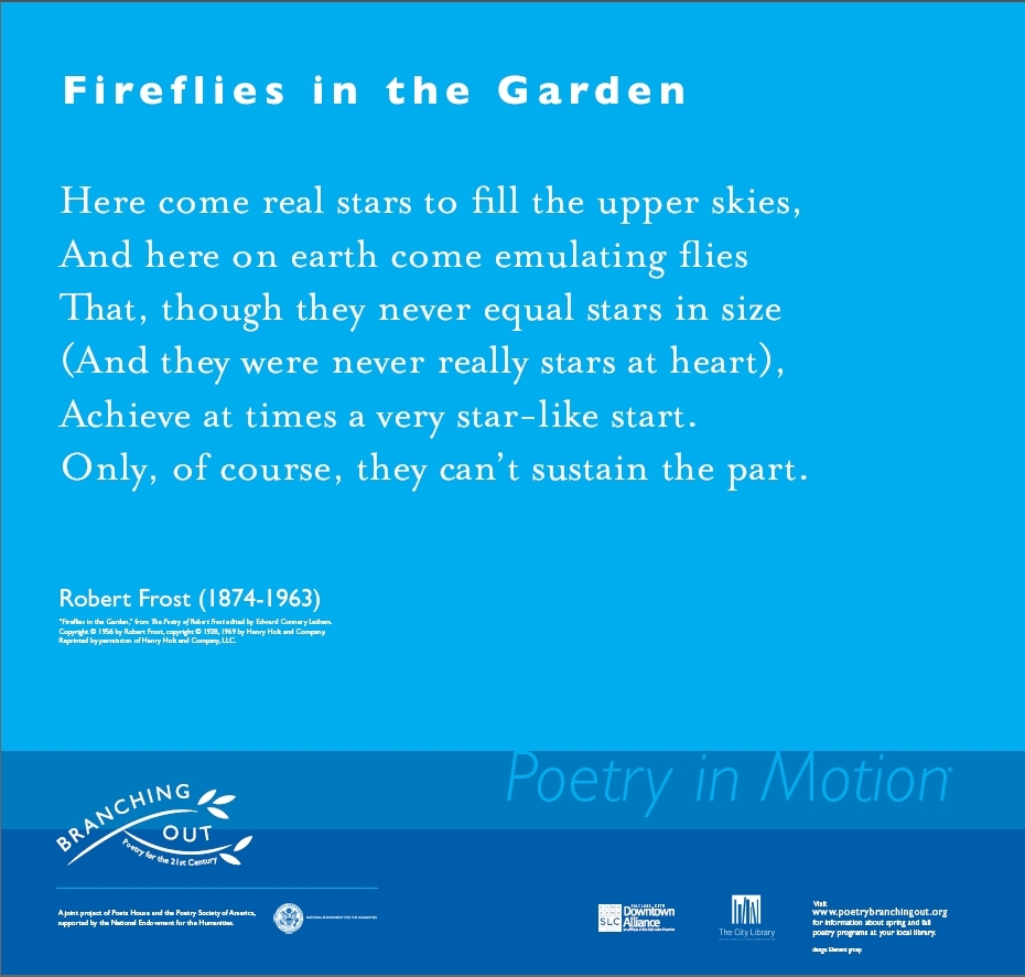 A poster in shades of blue features the poem, Fireflies in the Garden by Robert Frost