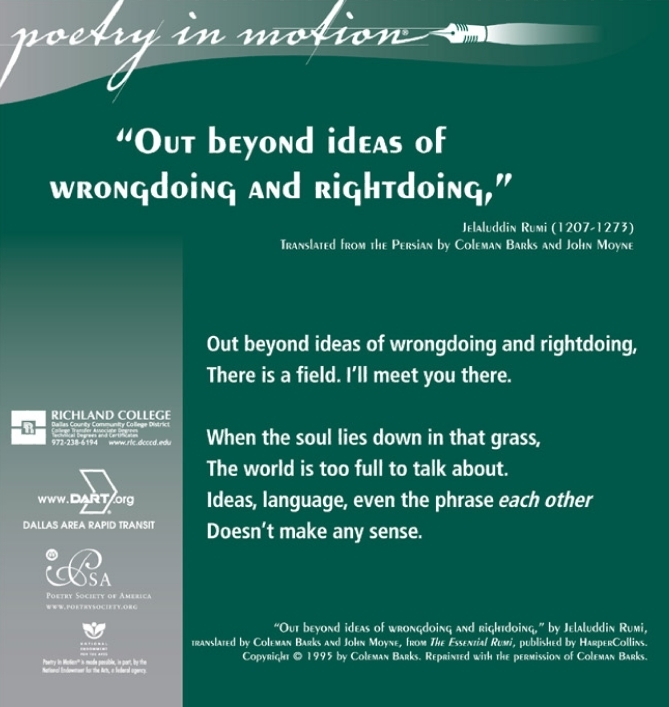 A green and grey poster features the poem Out beyond ideas of wrongdoing and rightdoing by Rumi. The poem is written in white text.
