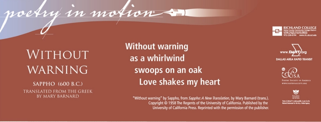 A rust-colored poster features the poem Without Warning by Sappho. The poem is written in white text.