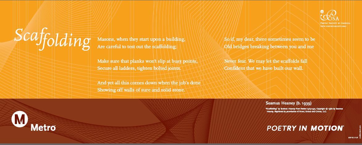 A vertical orange and amber poster features a poem titled Scaffolding, by Seamus Heaney.