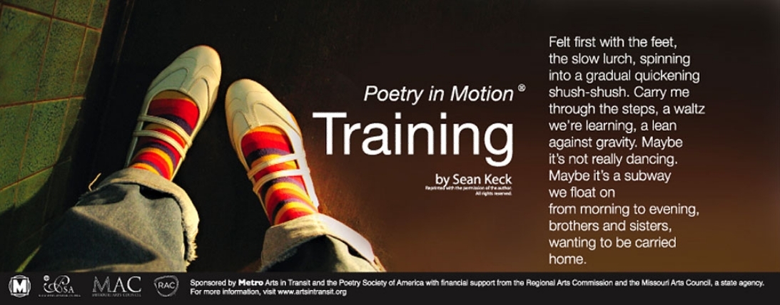 A poster depicts two feet in colorful socks, white shoes, and cuffed jeans. The poem, Training by Sean Keck, is featured to the side.