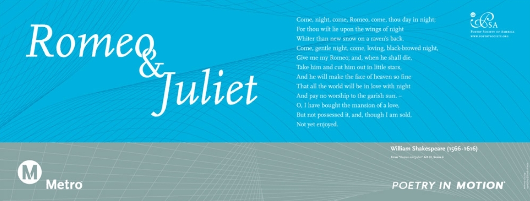 A sky blue and gray poster features an excerpt from Romeo and Juliet, by William Shakespeare.