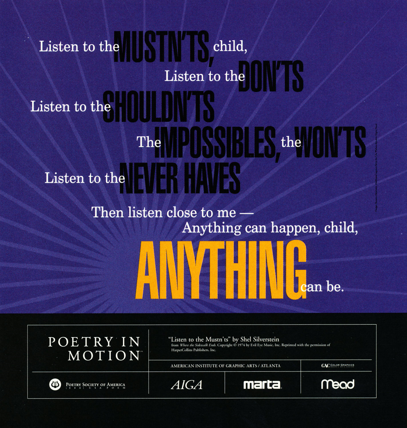 A purple poster features the poem Listen to the Mustn’ts by Shel Silverstein written in white, black and yellow text. Behind the poem light purple rays extend up and out.