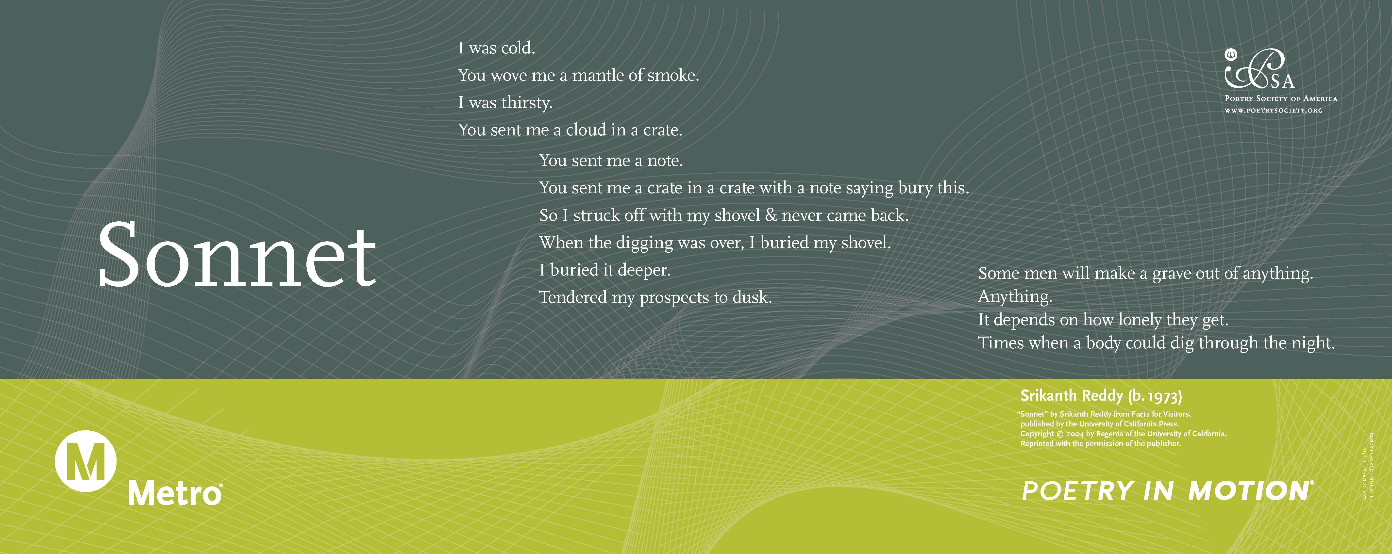 A vertical poster in shades of green features a poem titled Sonnet, by Srikanth Reddy.