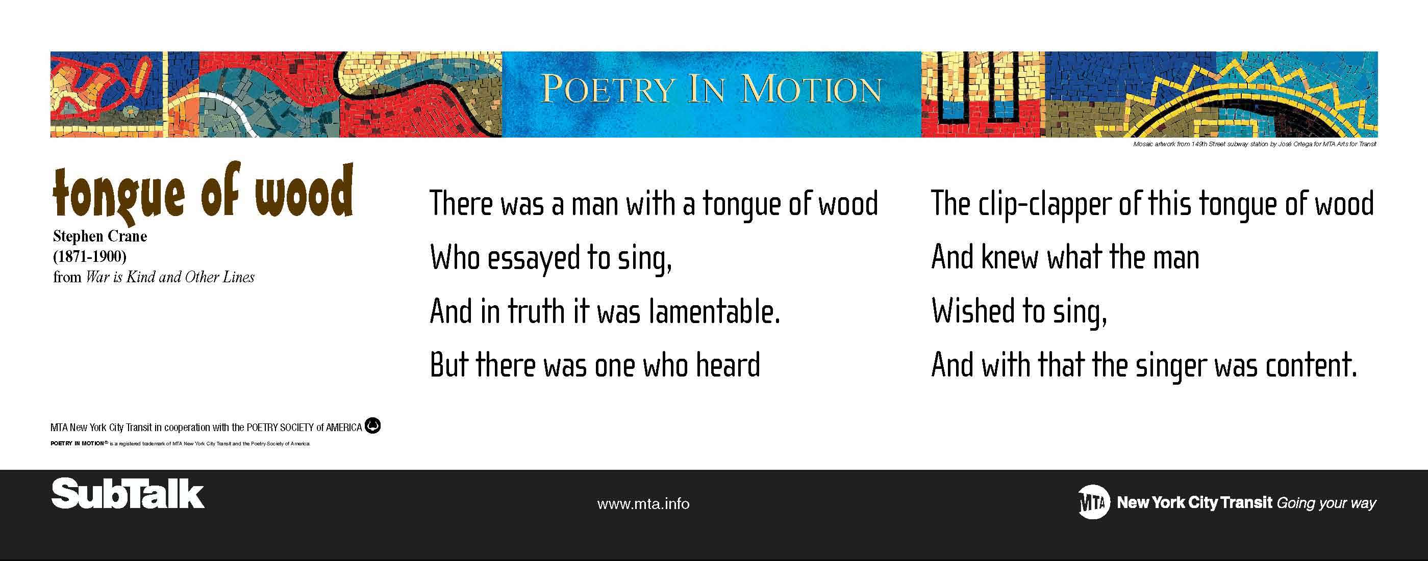 A horizontal poster with a colorful mosaic at the top features a poem titled Tongue of Wood, by Stephen Crane