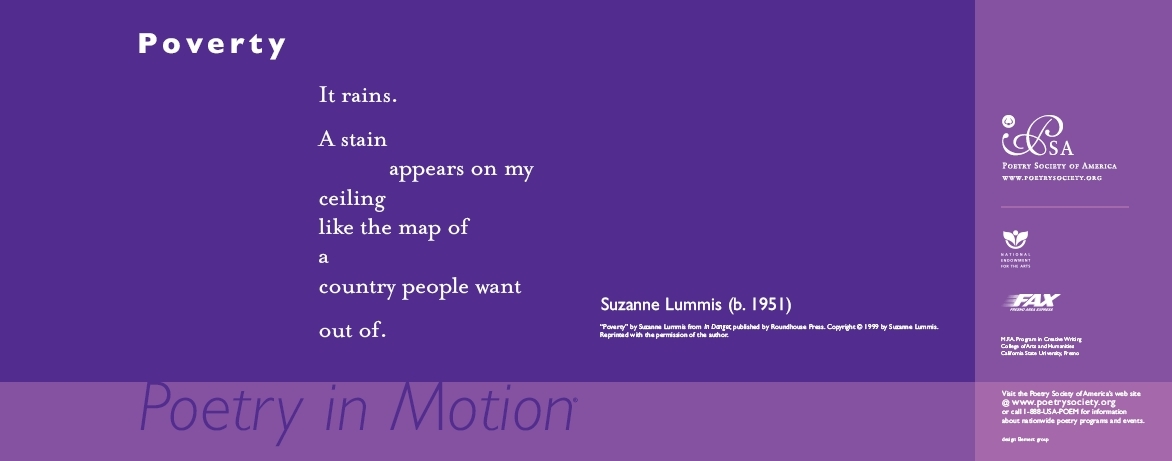 A two-toned purple poster features the poem, Poverty by Suzanne Lummis, written in white text.