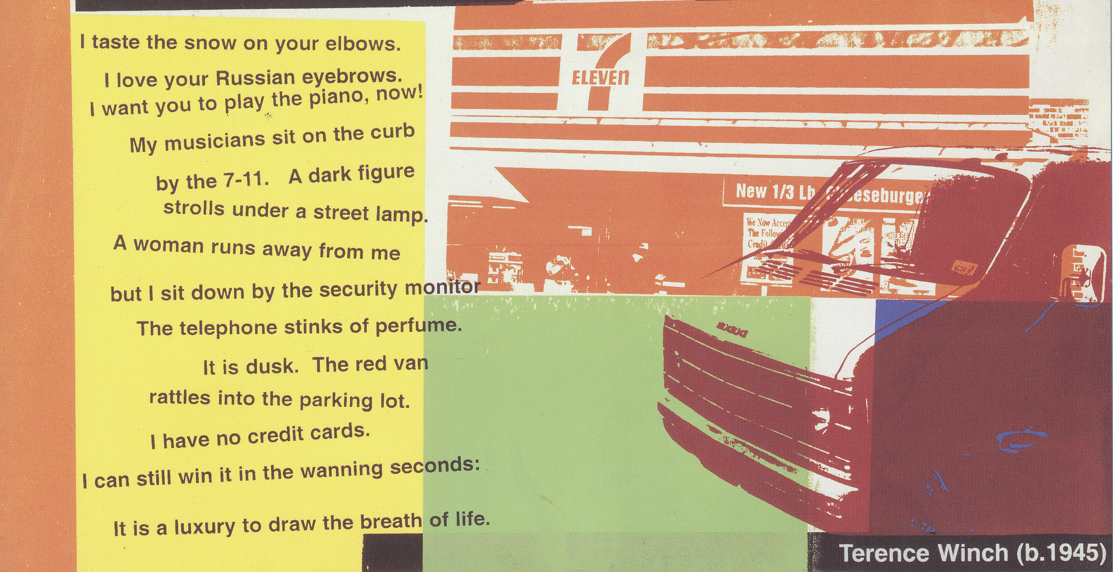 A multicolored poster features the poem Takoma Park Metro by Terence Winch. To the right of the poem, a truck juts in front of a seven eleven storefront.