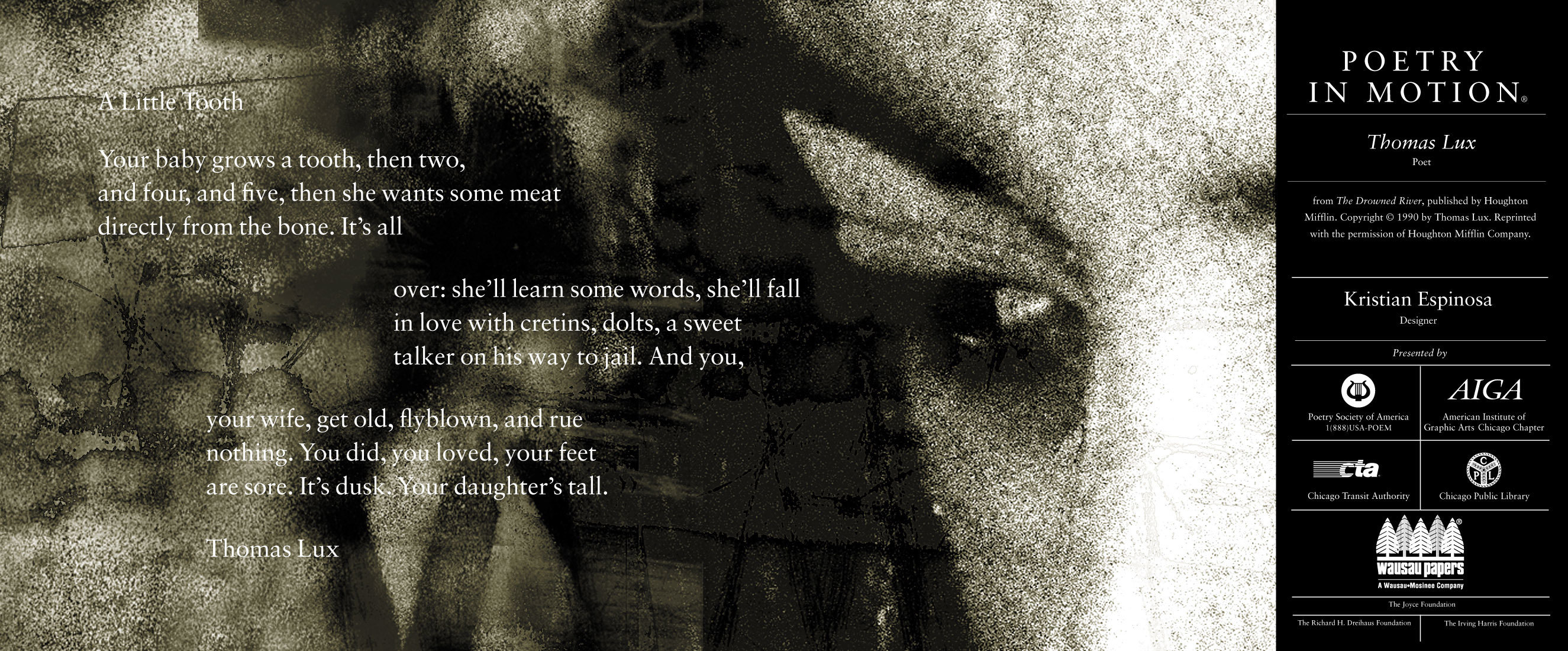 A grey and white poster features the poem A Little Tooth by Thomas Lux. To the right of the poem is half a face glancing down.