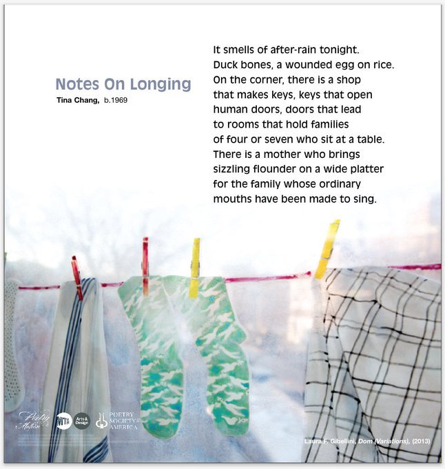 A poster featuring art by Laura F. Gibellini shows clothes pinned to a clothesline. A poem by Tina Chang titled Notes on Longing has been superimposed on the white sky.