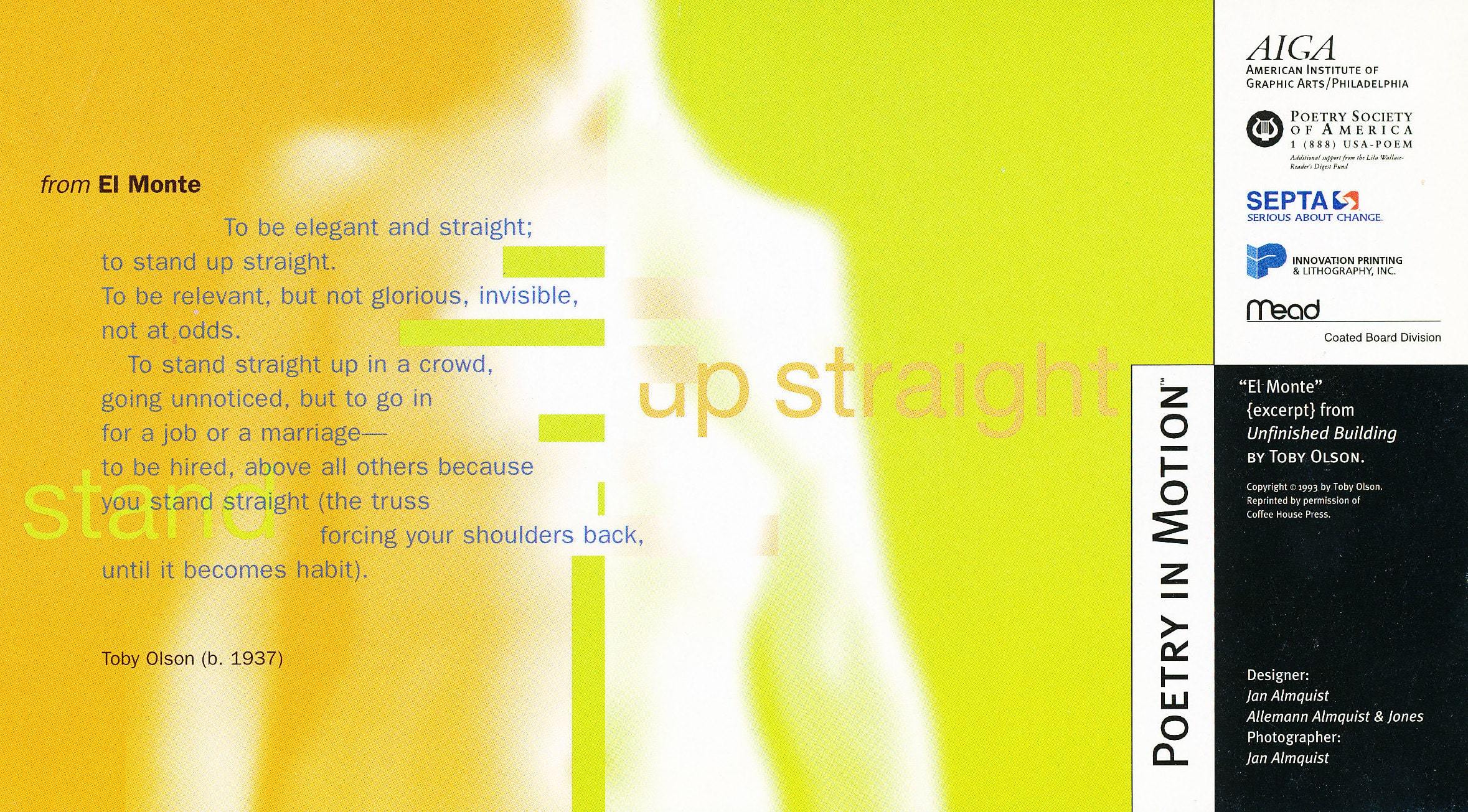 A poster features a white silhouette of a torso among abstract shades of yellow. An excerpt from the poem El Monte by Toby Olson is written in grey text.