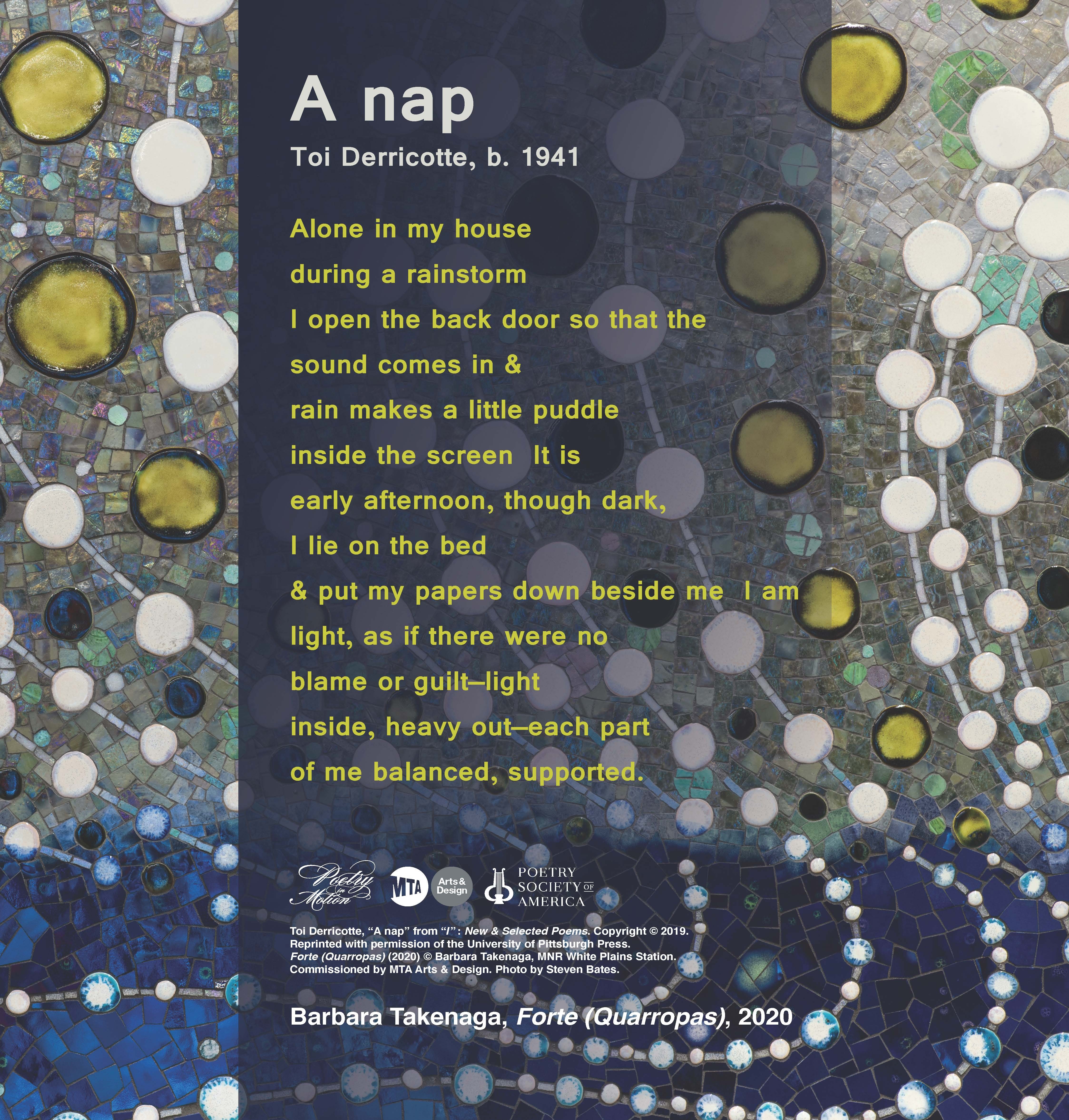 A poster with art by Barbara Takenaga depicts a kaleidoscopic composition of yellow, white, and navy-blue dots and lines. The poem, A nap by Toi Derricotte, is featured in yellow text.