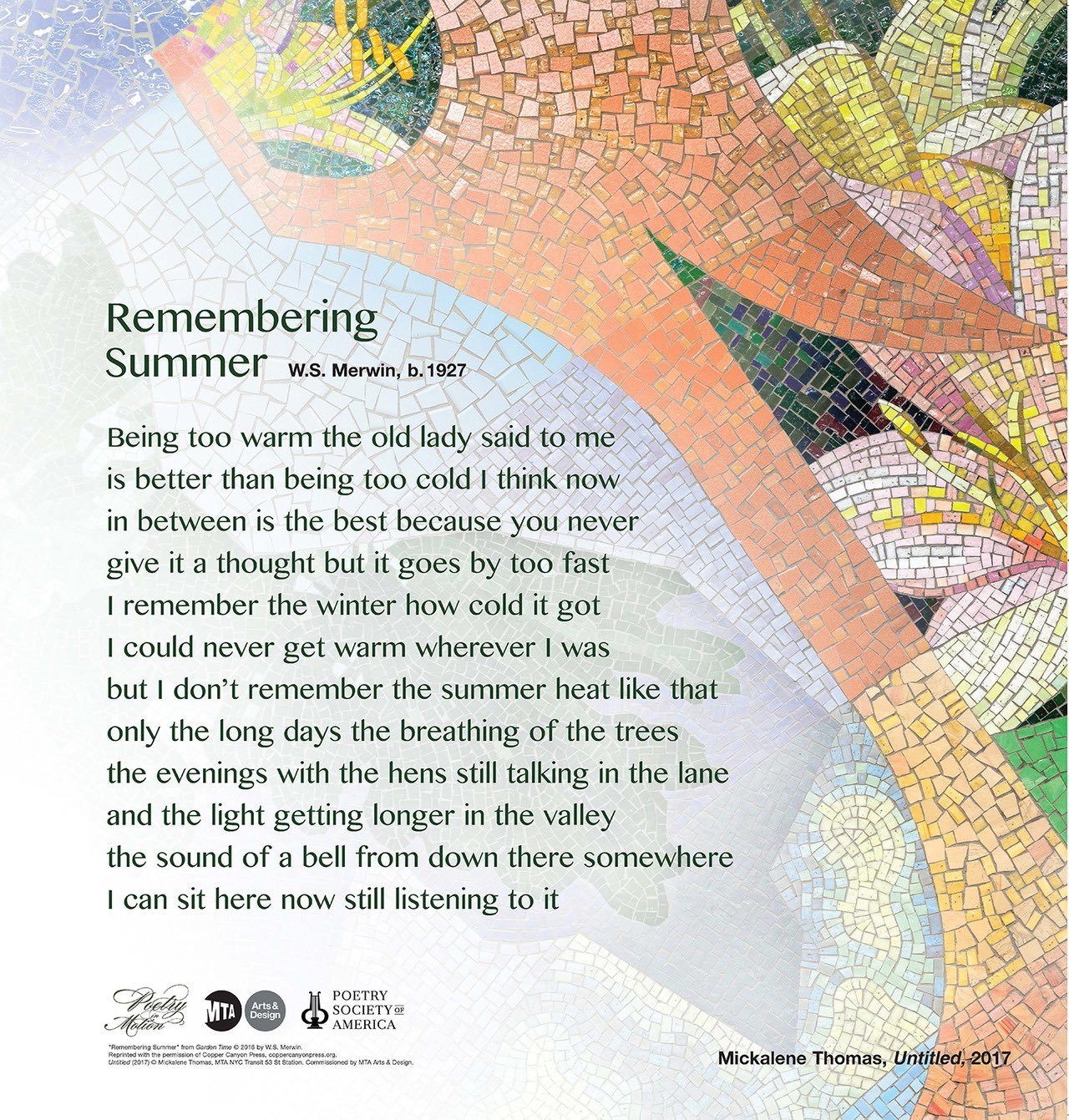 A poster featuring art by Mickalene Thomas depicts a colorful mosaic with a flower blooming in the right corner. Superimposed on the art is a poem in dark green text titled Remembering Summer, written by W.S. Merwin.
