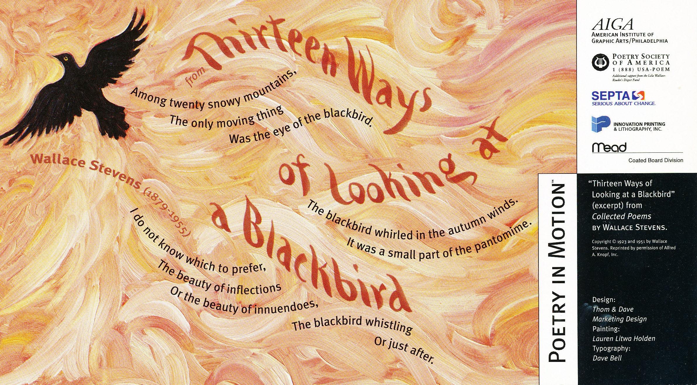 A poster in shades of orange features a black bird in flight. An excerpt of from the poem Thirteen Ways of Looking at a Blackbird by Wallace Stevens loops in black text.