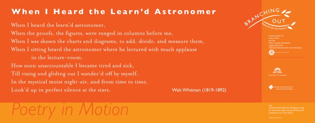 A two-toned orange poster features the poem, When I heard the learn'd astronomer by Walt Whitman, written in white text.