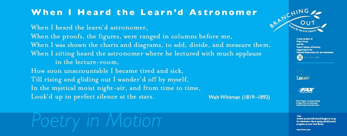 A two-toned blue poster features the poem, When I heard the learn’d astronomer by Walt Whitman, written in white text.