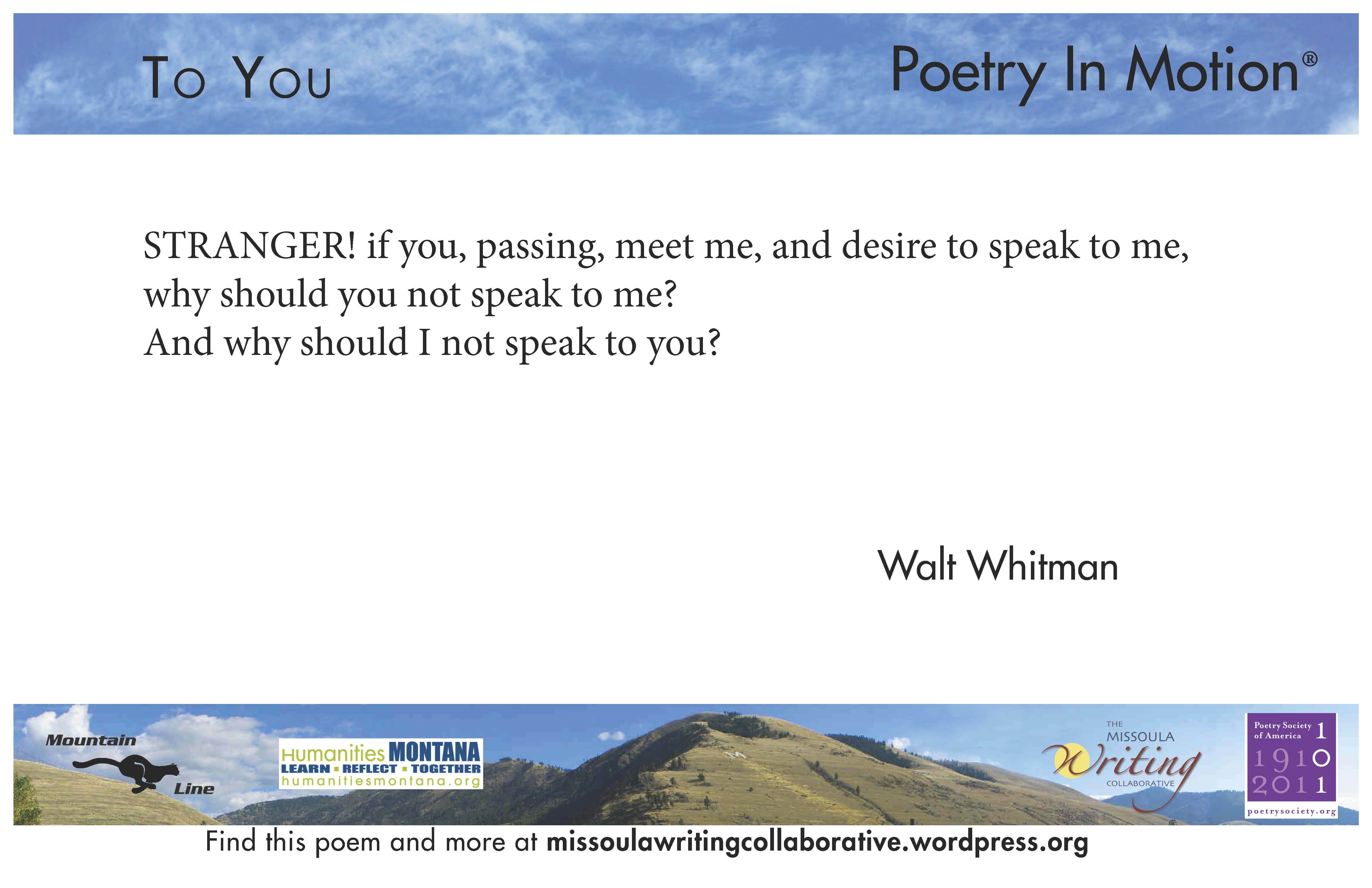 A white poster features the poem To You by Walt Whitman. The poster is bordered by blue sky and green hills.